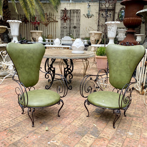 Wrought Iron Armchairs with Olive Green Upholstery - SOLD