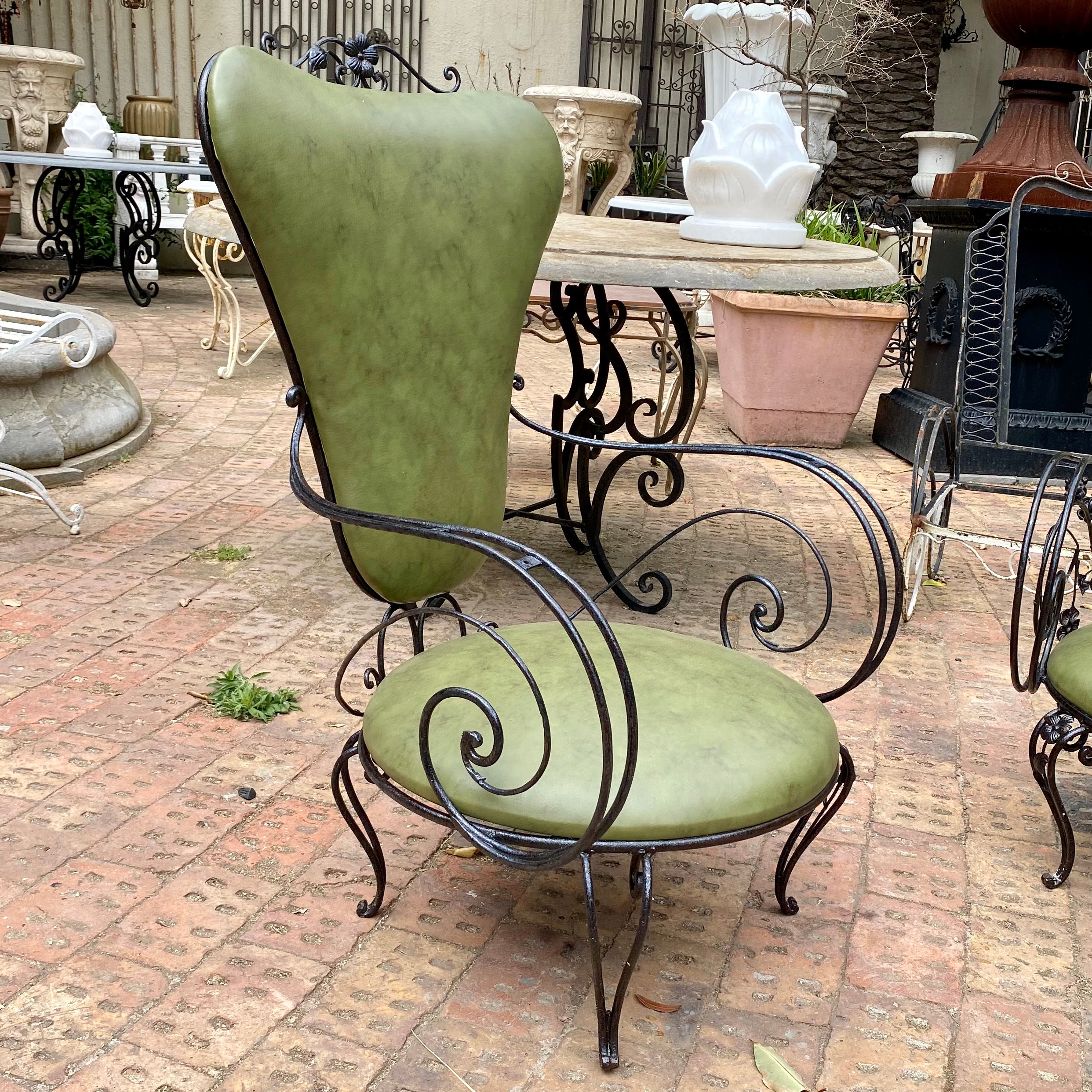 Wrought Iron Armchairs with Olive Green Upholstery - SOLD