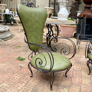 Wrought Iron Armchairs with Olive Green Upholstery - SOLD