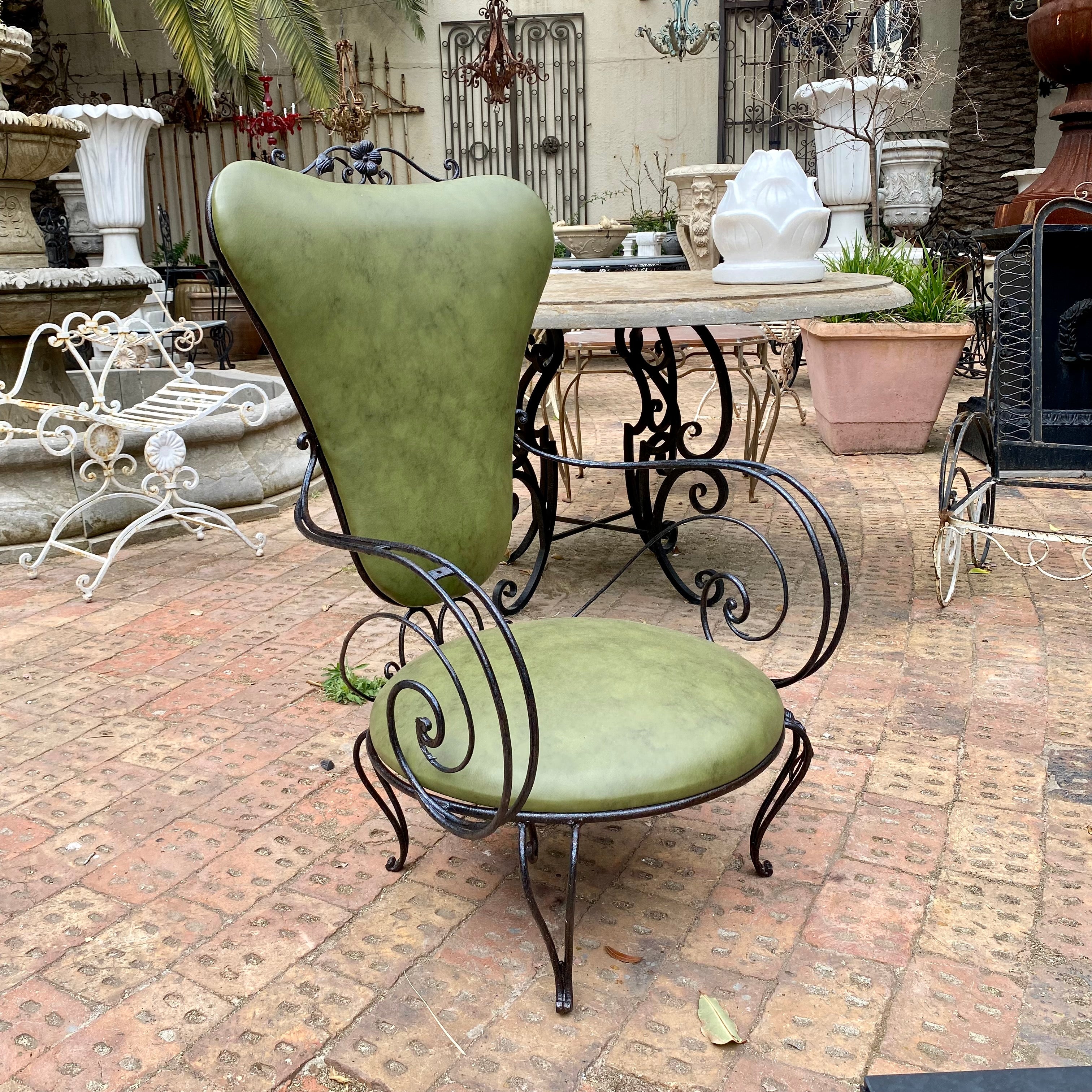 Wrought Iron Armchairs with Olive Green Upholstery - SOLD