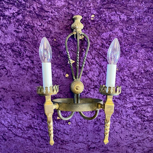 Pair Antique Wrought Iron and Brass Wall Sconces