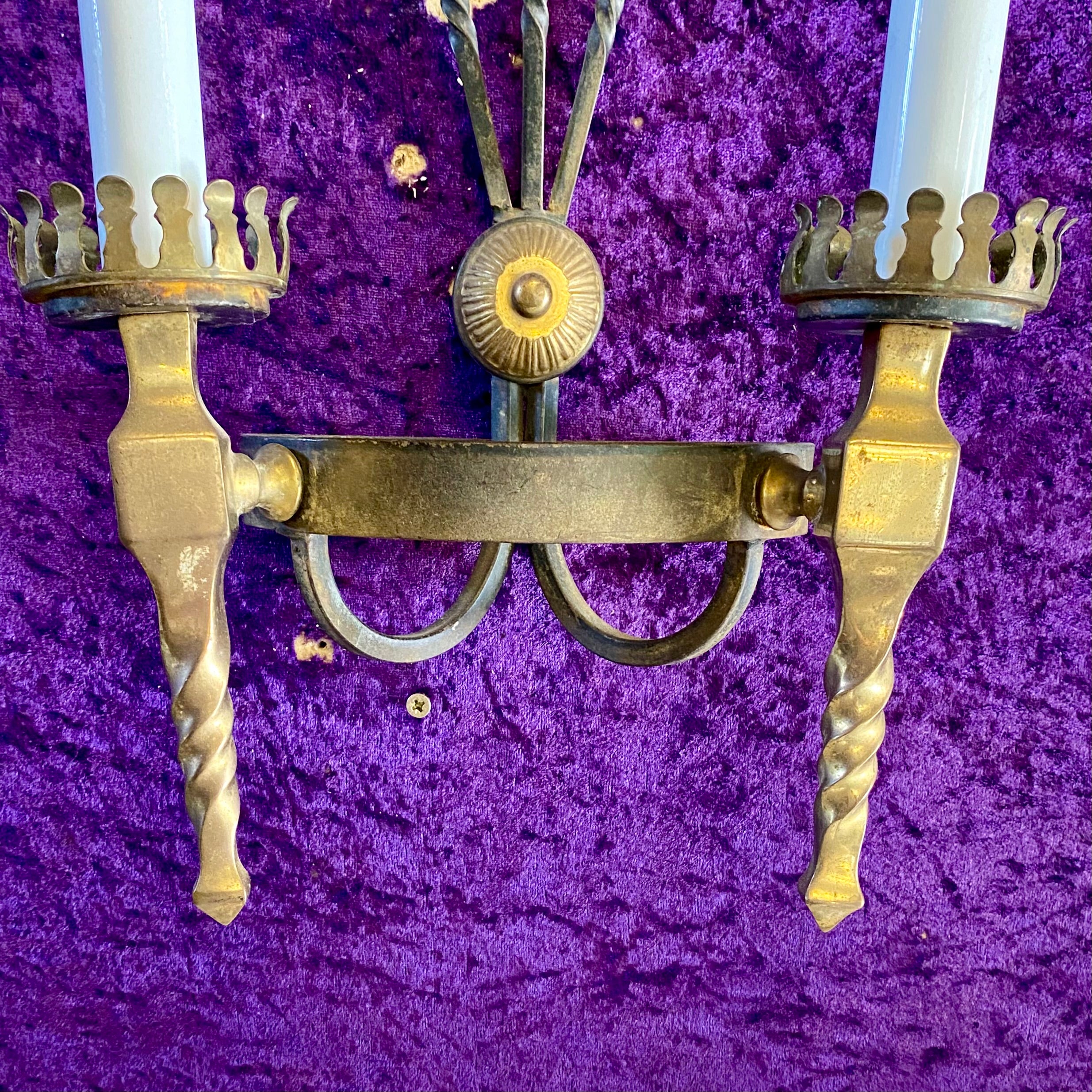 Pair Antique Wrought Iron and Brass Wall Sconces