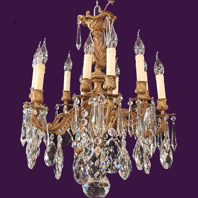 An Antique Gilt Bronze Chandelier with Large Teardrop Crystals - SOLD