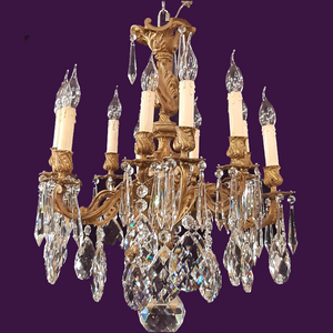 An Antique Gilt Bronze Chandelier with Large Teardrop Crystals - SOLD