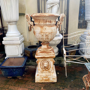 Cast Iron Urn on Plinth with Lion's Face - SOLD