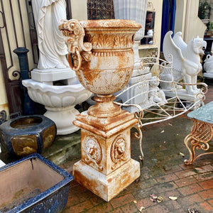 Cast Iron Urn on Plinth with Lion's Face - SOLD