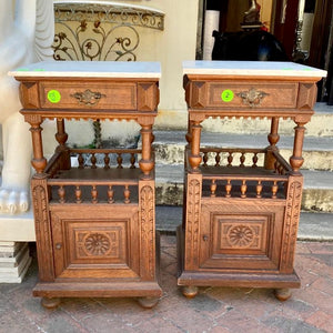 Pair of Dark French Oak Pedestals with Marble Top - SOLD