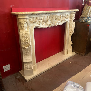 Ornately Carved Creme Marble Fireplace