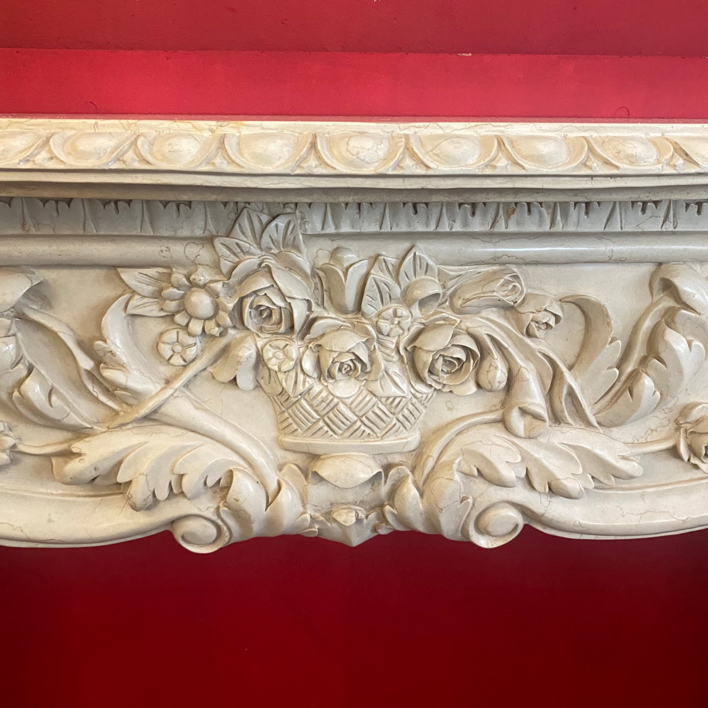 Ornately Carved Creme Marble Fireplace - SOLD